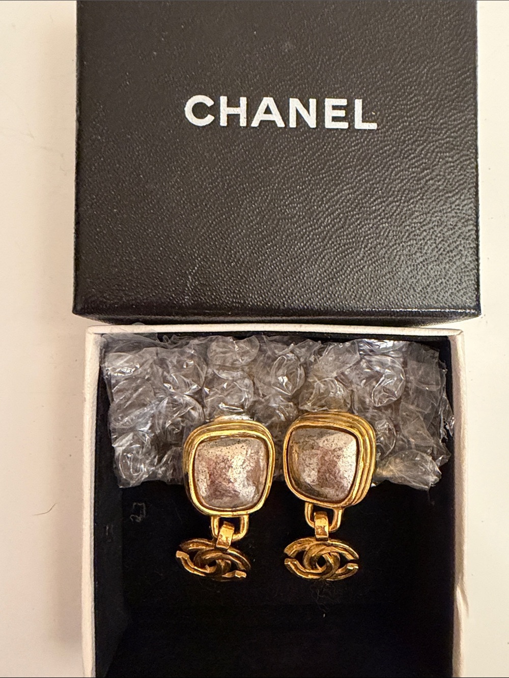 CHANEL Gold and Silver-Tone Double C Drop Earrings